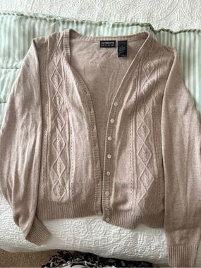 Liz Claiborne Tan Cable-Knit Button Cardigan Sweater - Academia Core